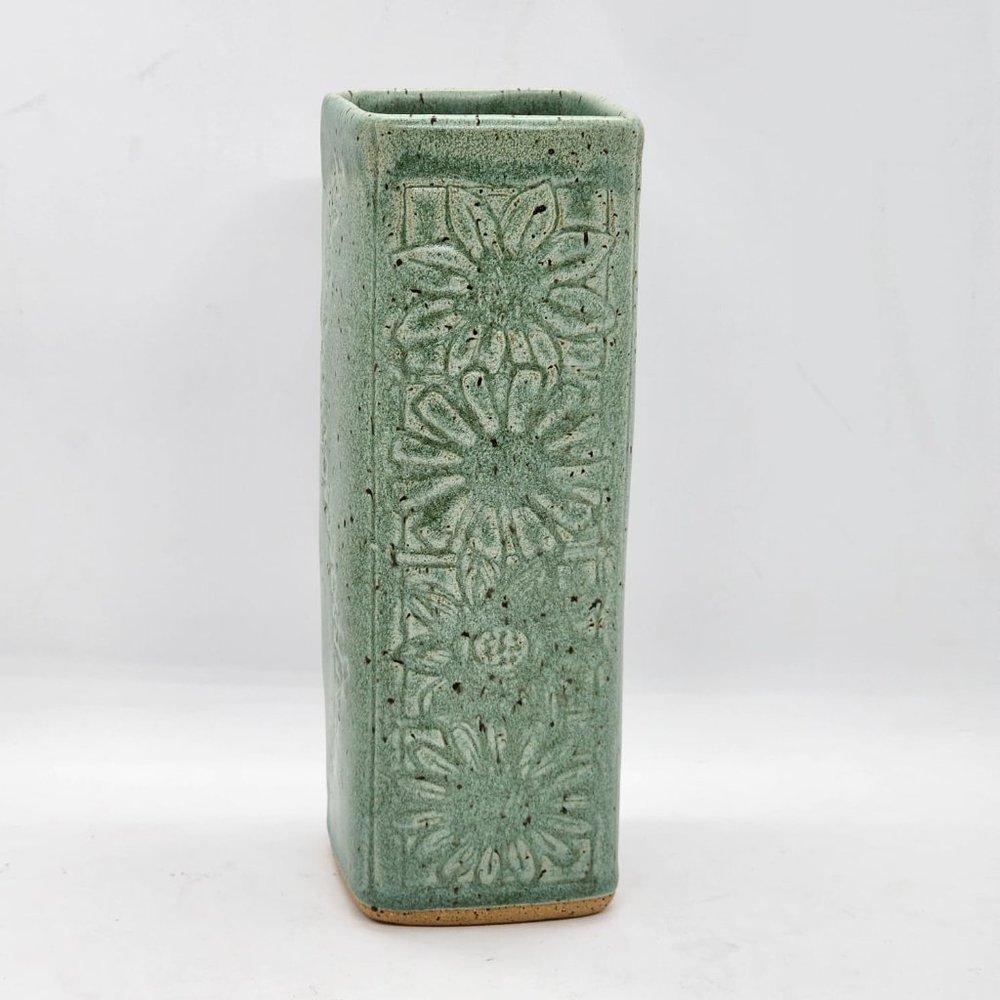 Vintage Handmade Green Painted Clay Pottery Flower Vase Floral Design 7" and 2.2